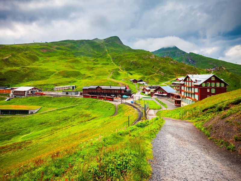 Train at the Kleine Scheidegg railway station in the Bernese Oberland region of Switzerland