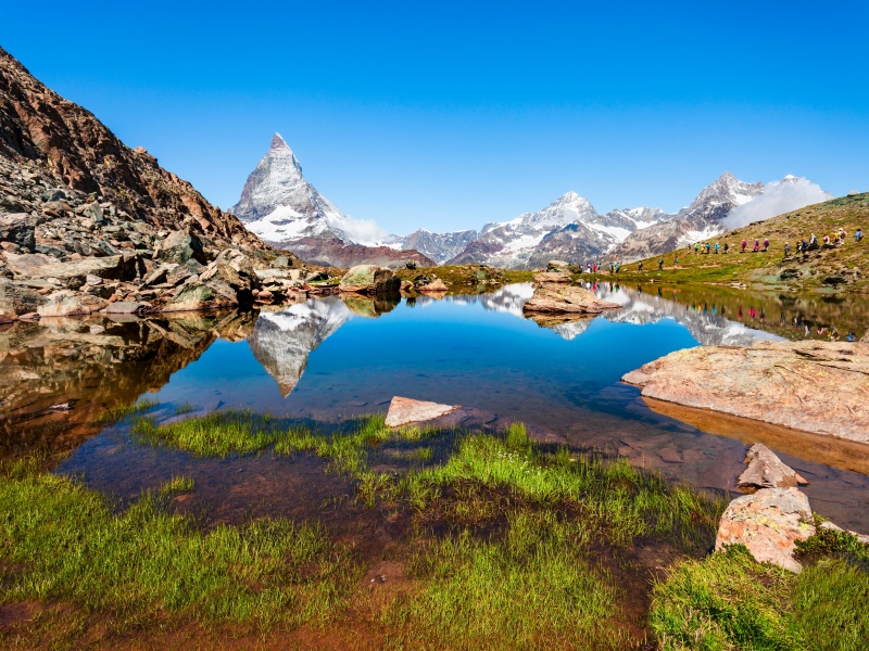 Riffelsee lake and Matterhorn mountain in the Alps, located between Switzerland and Italy